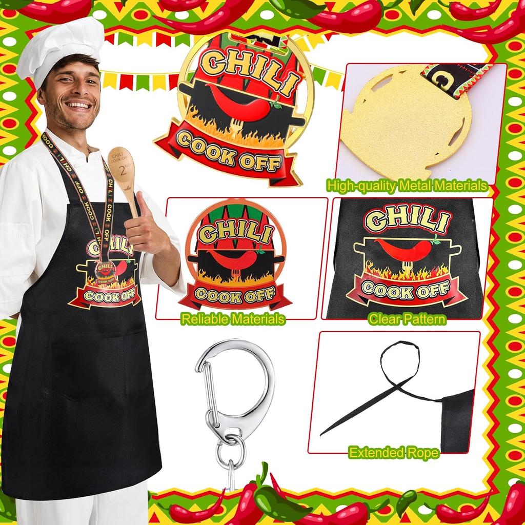 Quelay 12 Pcs Chili Cook Off Prizes Include 3 Cook Off Trophy 3 Wooden 1st 2nd 3rd Engraved Spoon 3 Kitchen Cooking Aprons 3 Chili Keyring for Men