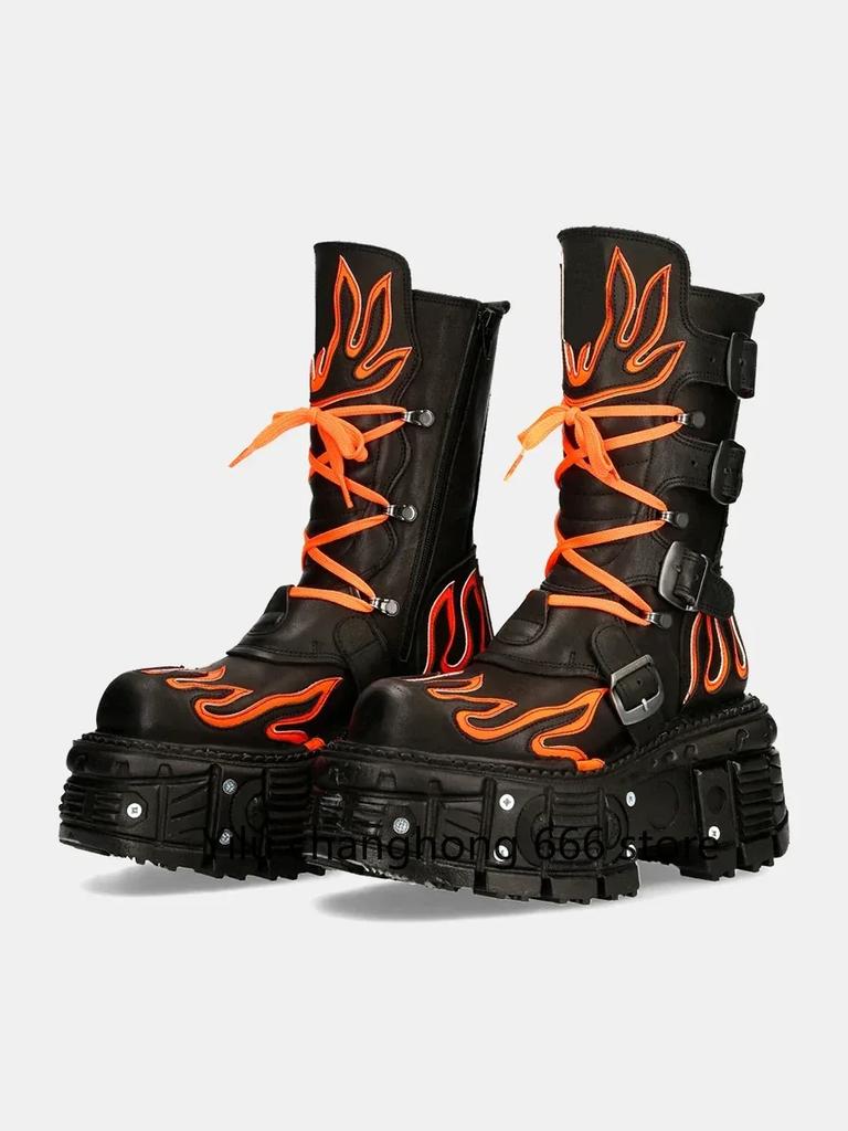 Women Punk Retro Fashion Boots Round Toe Thick Sole Lace Up Flats Boots 2025 Metal Decoration Leather Mid Calf Boots Hot Sale