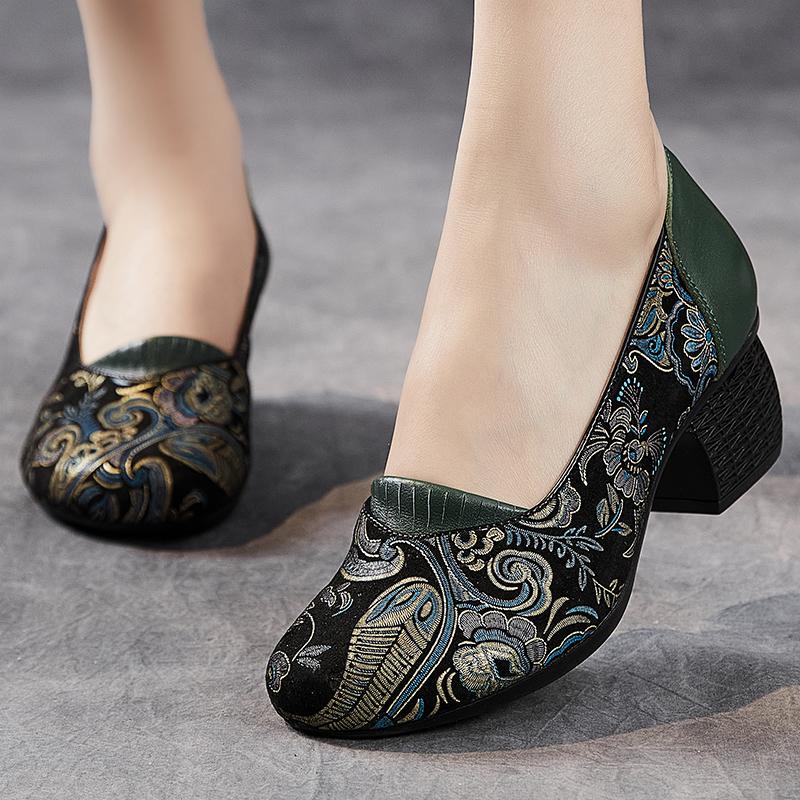 Fashion GKTINOO 2025 Spring New Ethnic Style Round Toe High Heels Shoes Versatile Retro Genuine Leather Pumps Women's Shoes
