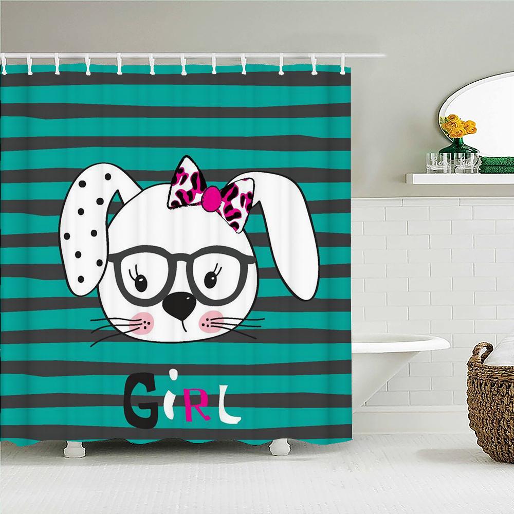 Cartoon Lovely Printed Fabric Shower Curtains Cute Rabbit Animal Bath Screen Waterproof Products Bathroom Decor With Hooks