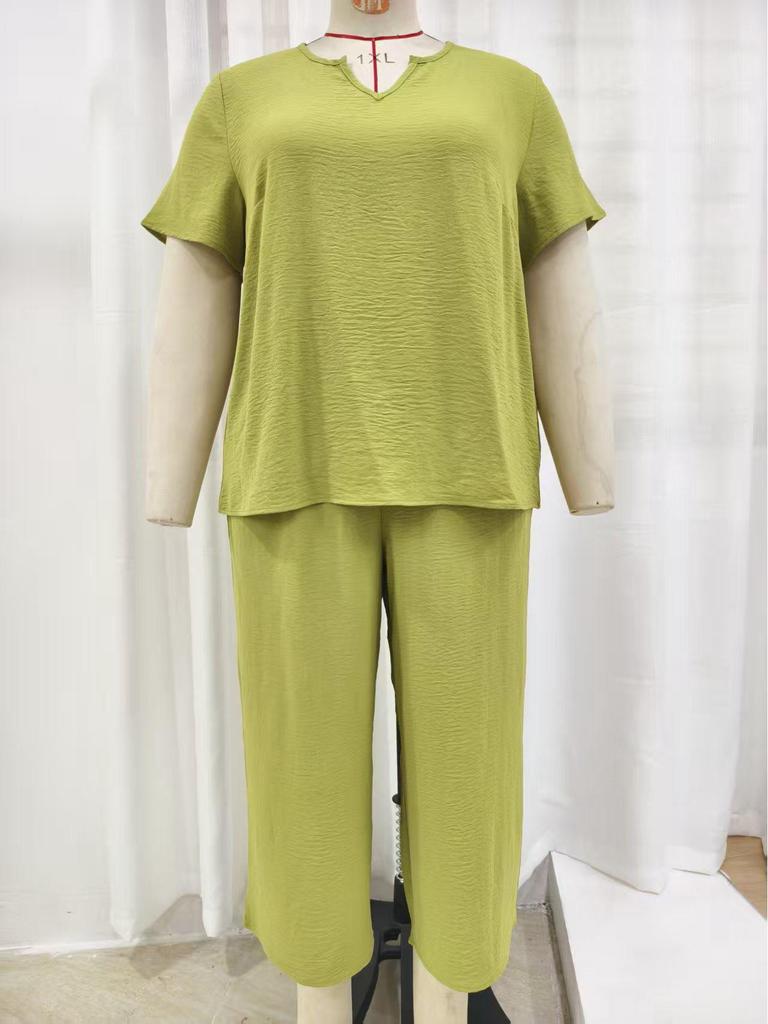 Women's Plus Size Elegant V-Neck Short Sleeve Top and Wide-Leg Pants Set - Solid Colors for Spring, Summer, and Autumn.