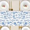 1PCS Chinoiserie Blue Flower Linen Table Runner Reusable Dresser Scarf Kitchen Dining Table Decor Holiday Party Decor