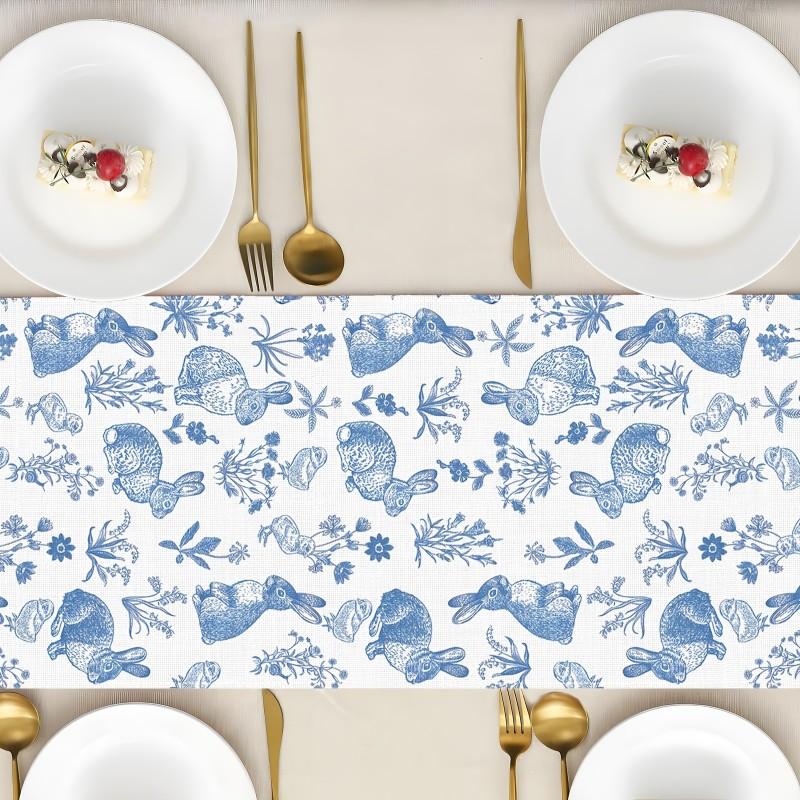 1PCS Chinoiserie Blue Flower Linen Table Runner Reusable Dresser Scarf Kitchen Dining Table Decor Holiday Party Decor