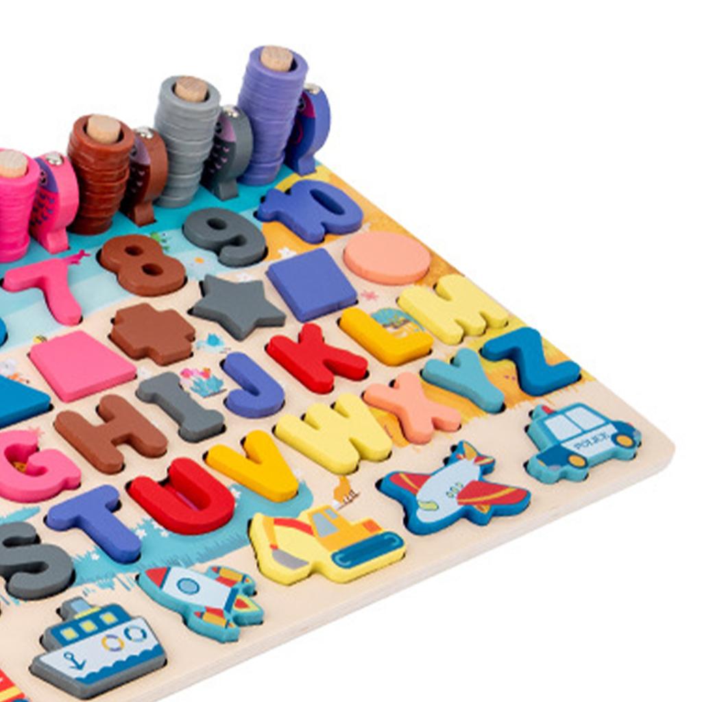 Wooden Alphabet Number Shape Puzzles Educational Traffic Theme Bright Color Fishing Game Puzzle