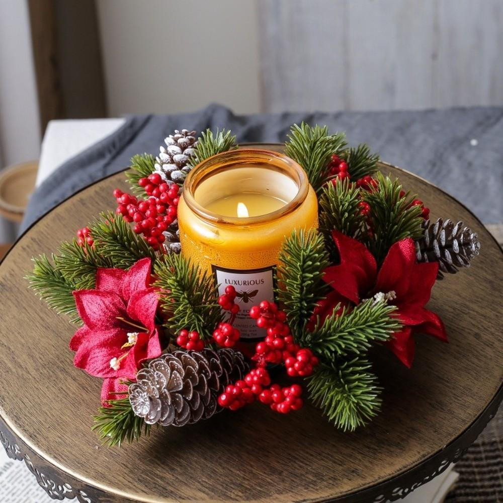 Artificial Berries Pinecone Pine Christmas Wreath Table Home Party Decoration Candlestick Wreaths Xmas Candle Wreath