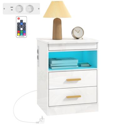 Nightstand, Side Table with Charging Station and RGB LED Lighting, Glossy White
