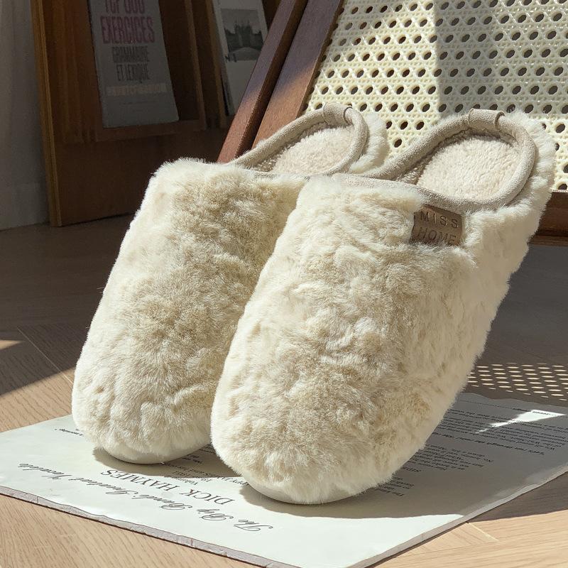 New simple home fluffy slippers autumn and winter couples home imitation rabbit fur piled warm non-slip cotton slippers