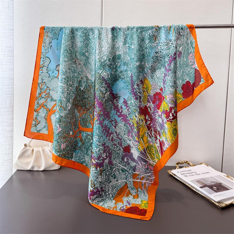 

Simulation Silk High-End Printing Large Square Scarf Silk Scarf Versatile Professional Shawl Headscarf Neck Protection Scarf Decorative Circumference 90*90cm