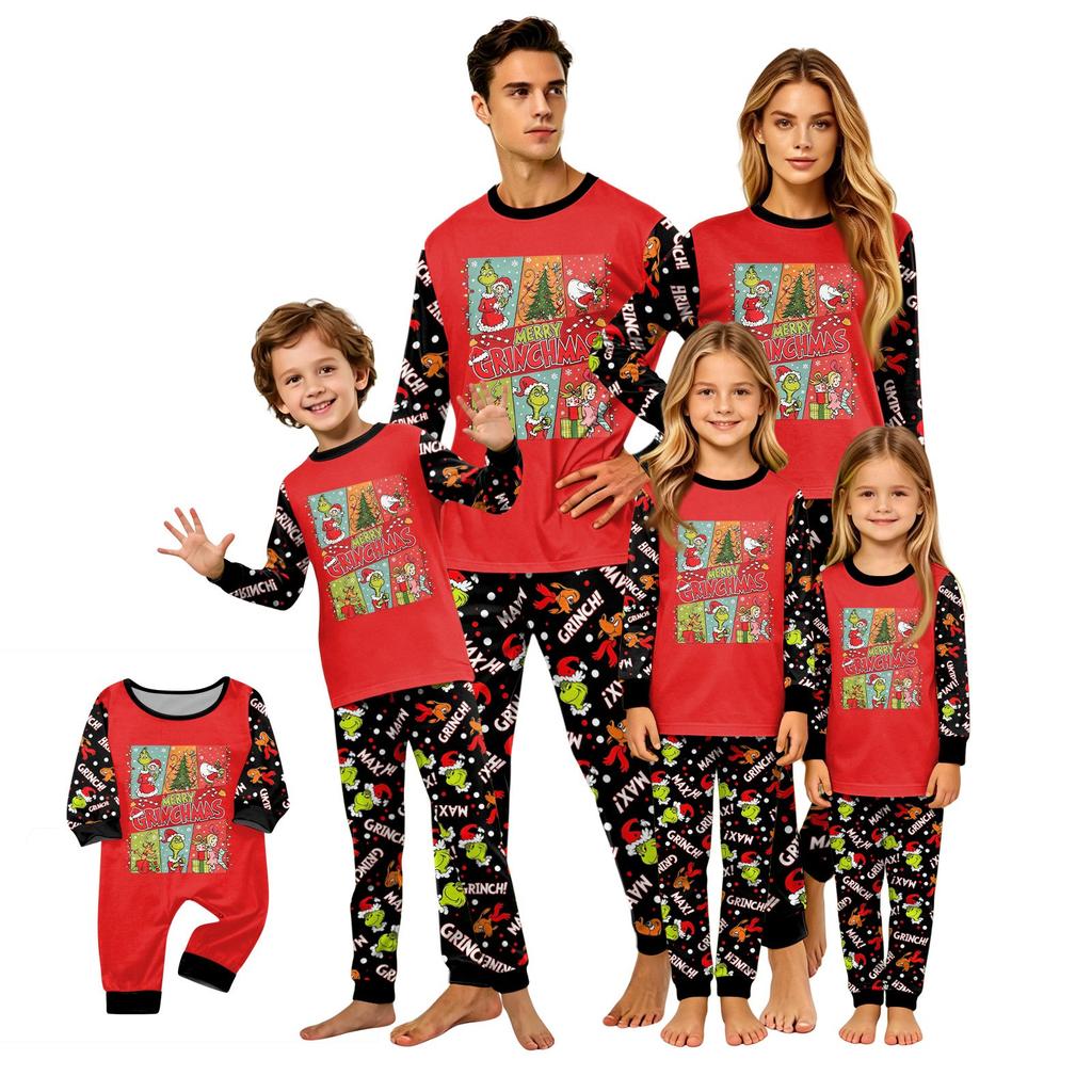 Family Matching Christmas Print Pajama Set Long Sleeve Round Neck Top and Pants Holiday Loungewear