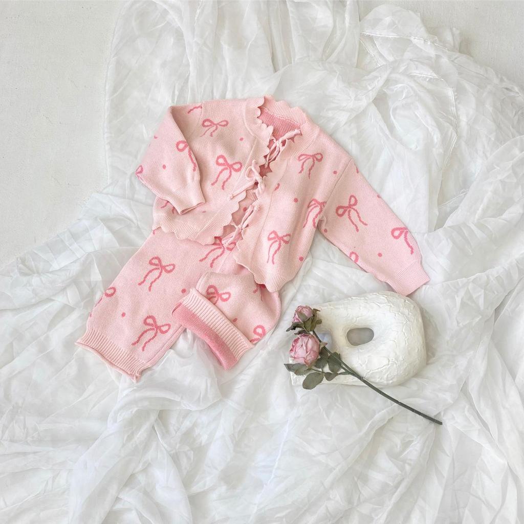 Girls' Autumn-Winter Bow Knit Cardigan & Pants Set