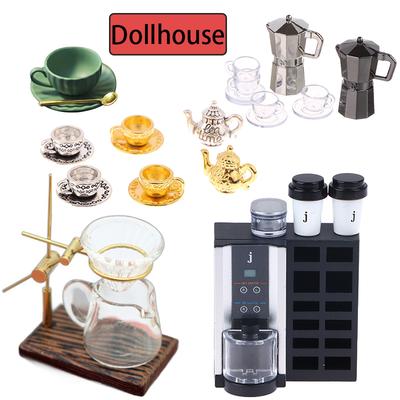 1Set 1:12 Dollhouse Miniature Hand-brewed Coffee Stand Glass Pot Funnel Mini Coffee Stand Coffee Maker Cup Model Kitchen Decor