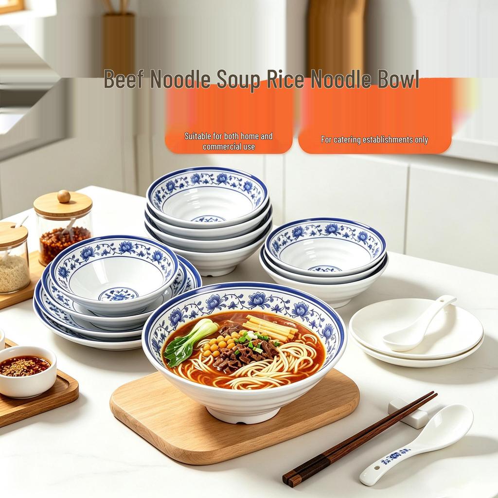 Blue and White Melamine Porcelain Bowl - Retro Restaurant Style for Noodles, Soup, or Ramen