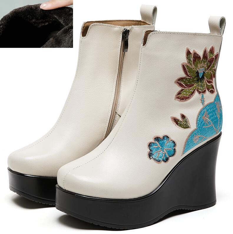 Fashion GKTINOO Handmade Boots For Women Genuine Leather Ankle Shoes Embroidery Vintage Platform Women Shoes Round Toes Wedges Boots