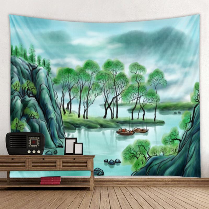 Beautiful Mountain Landscape Ink Painting Tapestry Art Decor Blanket Curtain Hanging At Home Bedroom Living Room Decoration