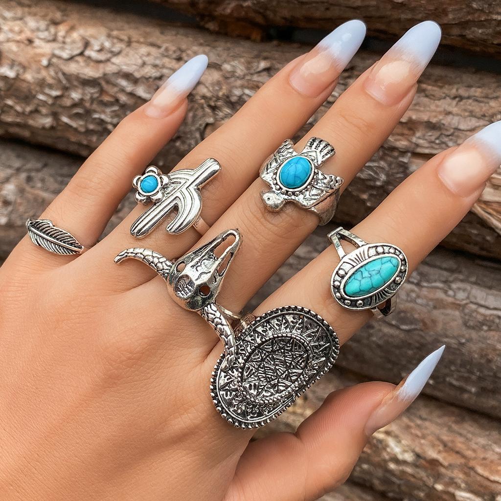 Retro And Old Totem Turquoise Pattern Joint Ring, Ethnic Style Metal Flower Plate Ring Set.