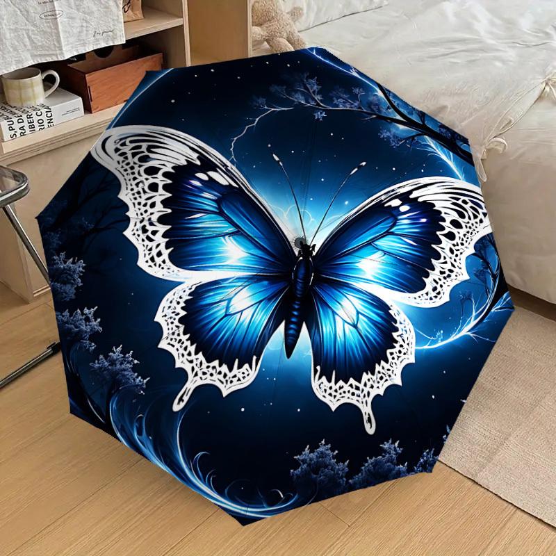 1 Stück Schmetterling Nacht Automatisches Öffnungs-/Schließschirm mit Winddichtigkeit, stabiles Dach mit 8 Speichen, langlebige Speichen, modisches Design, Outdoor-Accessoire, lustiger Prin