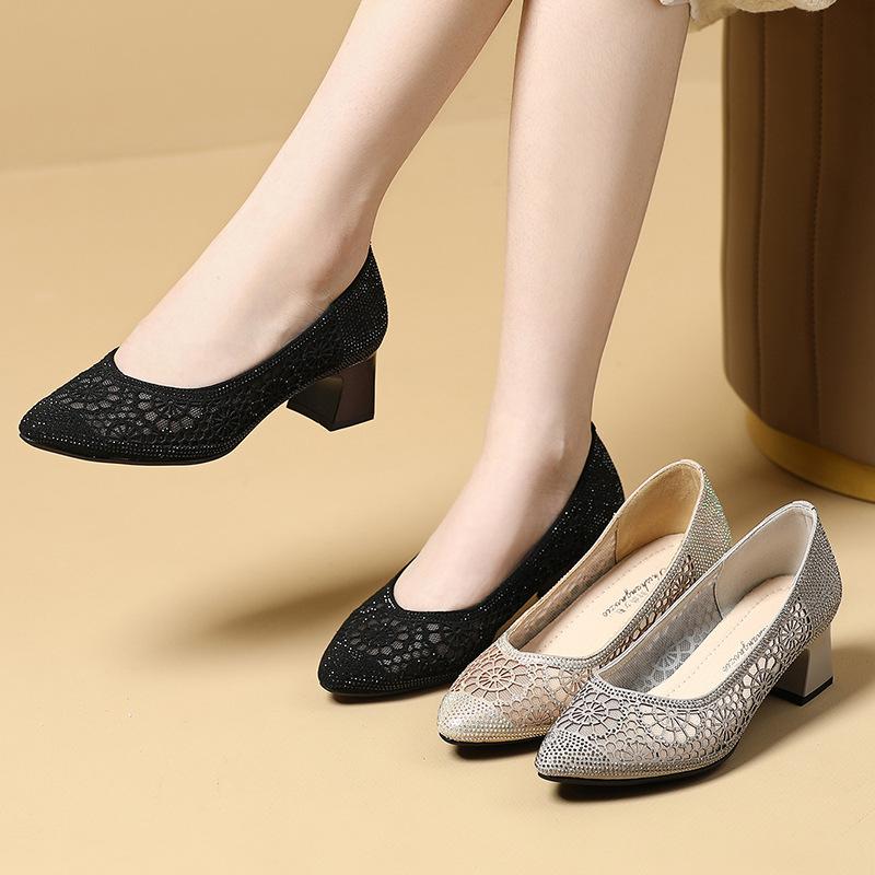 Fashion GKTINOO Lace Sexy Pointed Toe Women Shoes Summer 2025 Designer Mid Heels Shallow Mature Dress Woman Shoes Pumps Mujer Zapatos