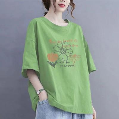 Summer Cotton Short Sleeve T-Shirt Loose Female Casual Printing O-neck Half Sleeve Top Tee Oversized Pullover Office Lady Tshirt