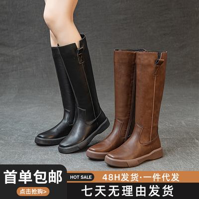 Retro Leather Martin Boots Children But Knee Thin Knight Boots Thick-soled Velvet Autumn and Winter Boots Versatile High Boots
