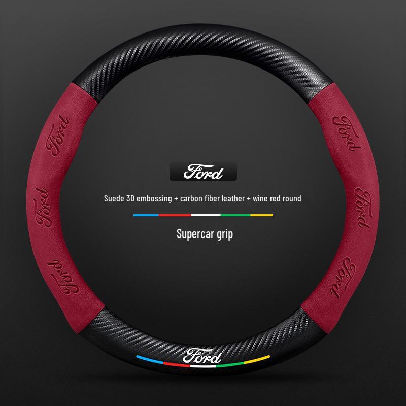 Genuine Leather Suede Carbon Fiber Steering Wheel Cover for JMC Ford Territory 2019-2021, Universal All-Season Model