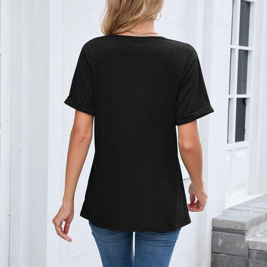 Women's Fashion Color V-neck Short Sleeved Loose Fitting Pullover T-shirt Top