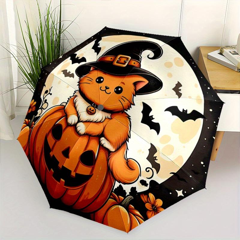 

1pc Moon Orange Cat Pumpkin Halloween Cartoon Umbrella, Portable 3-Fold Compact Umbrella, Suitable for Camping, Hiking and Travel, Ideal Easter B