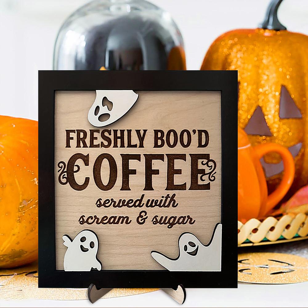 Bood Coffee Freshly Halloween Sign Bar Decor Office Ornament Photo Ghost Frame