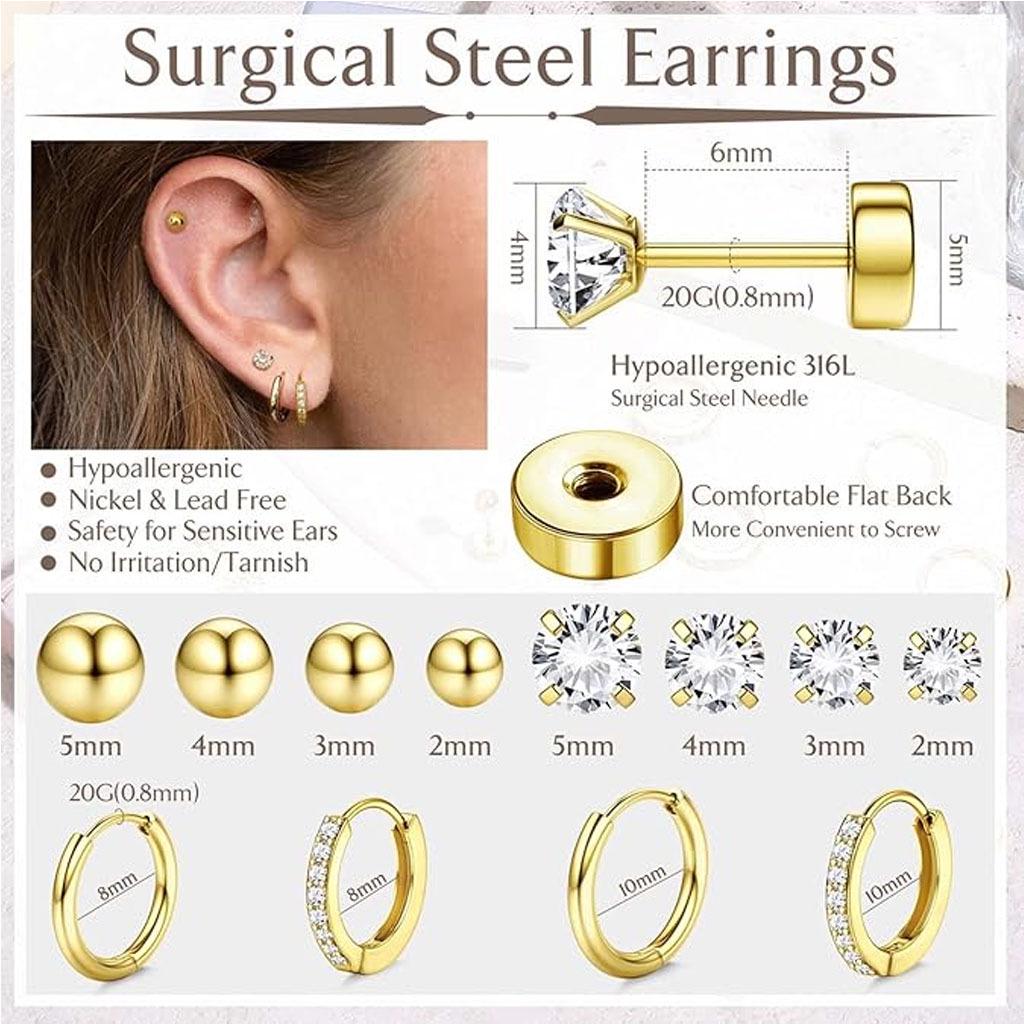 Stainless Steel European-American Style Stud & Hoop Earring Set