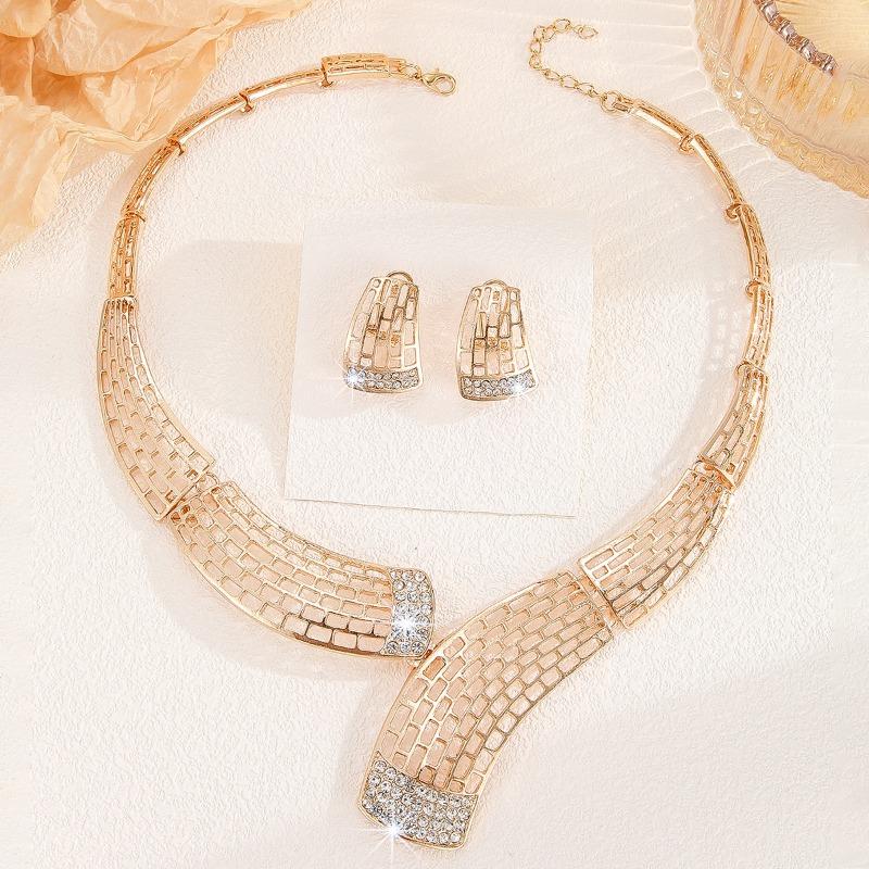 Diamond-studded openwork grid necklace and earring set - bridal wedding alloy chain set