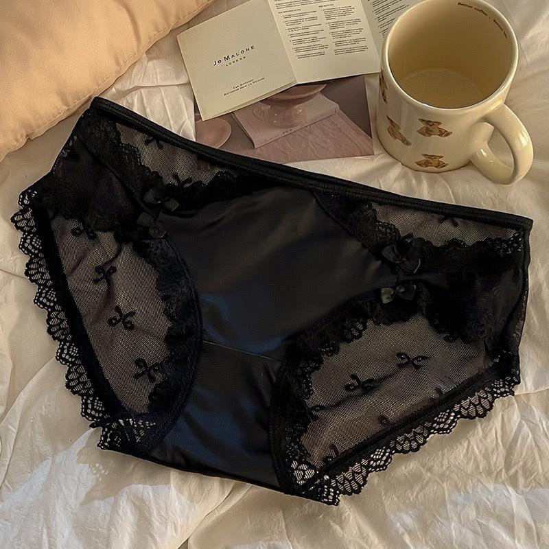 French Pure Desire Translucent Lace Edge Bow Underwear Women's High Elastic Comfortable Sexy Cotton Crotch Women's Briefs