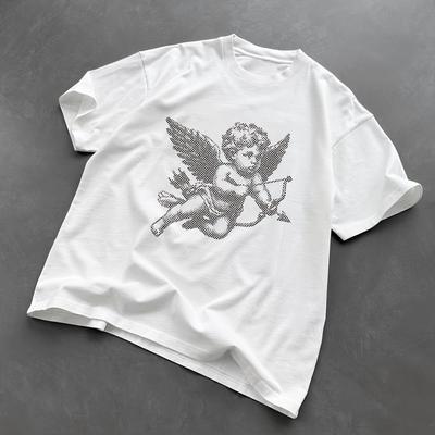 T-shirt Girocollo Stampa Angioletto Cupido Taglia Europea, T-shirt Larga Comoda, Abbigliamento da Esterno, T-shirt Girocollo Giovanile Streetwear