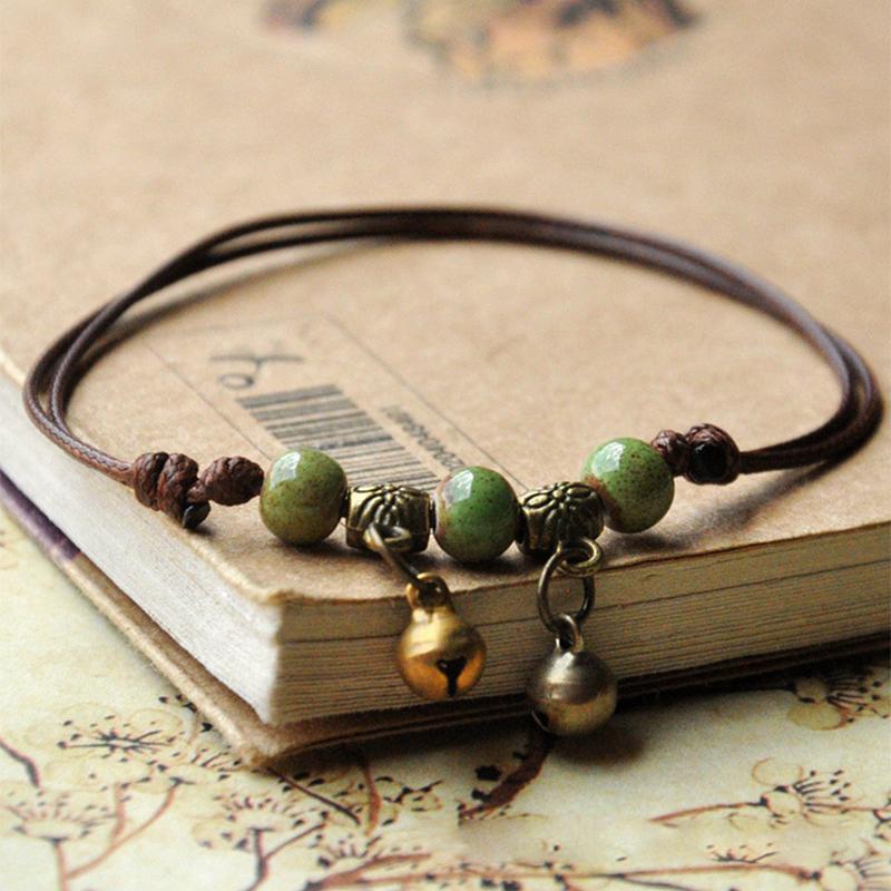 Blue Ceramic Brown Rope Anklet Women Girls Hand-Woven Beaded  Jewelry