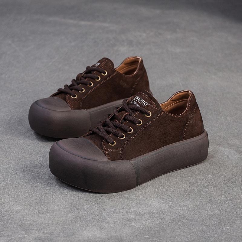 

Johnature Genuine Leather Thick Sole Women s Shoes Round Toe Lace-up Versatile Casual Flat Platform Shoes 40 кофейный