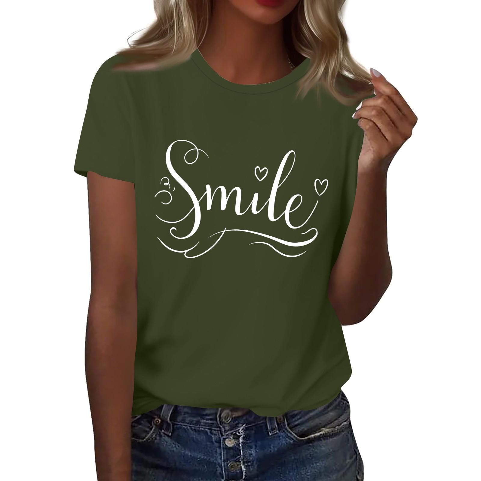 

Женская футболка с круглым вырезом и коротким рукавом с принтом в виде буквы «улыбка» L армия зеленый