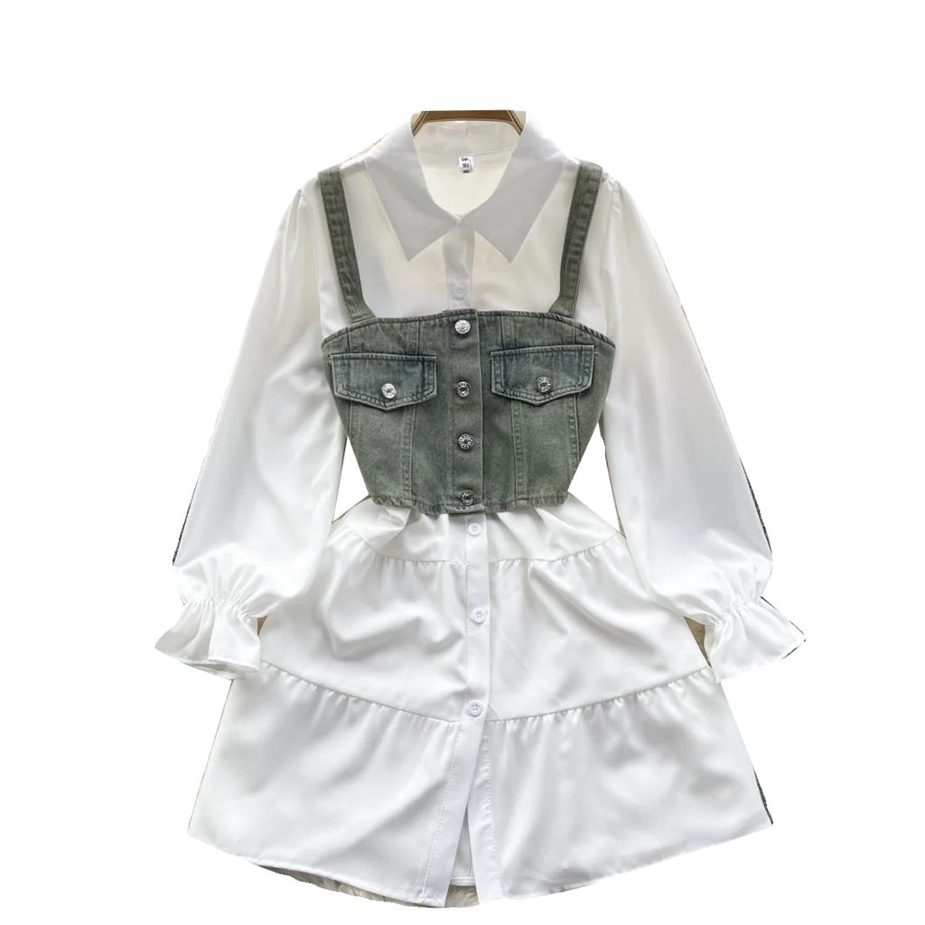 Koreansk Seriekläder Återupplivande Tvådelat Set Topp Retro Kort Jeansväst Trendigt Allmatchande Mellanlångt Skjortset