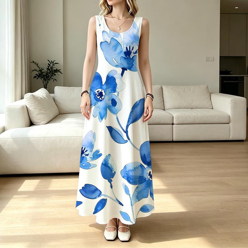 Sleeveless Blue White Fresh Floral Maxi Dress,Lightweight Flowy Full Skirt,Floor-Length,Casual Elegant Dress for Vacation & Home Wear