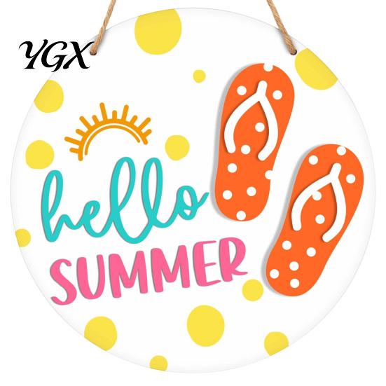 Tropical Wall Decor Hello Summer Door Sign, Ice Pop Flip Flop Welcome Hanger, Party Decoration Farmhouse Hanging Wooden Wreath for Front Home