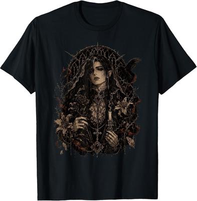 Dark Fantasy Art T-Shirt Featuring Gothic Vampire Woman with Raven and Lilies