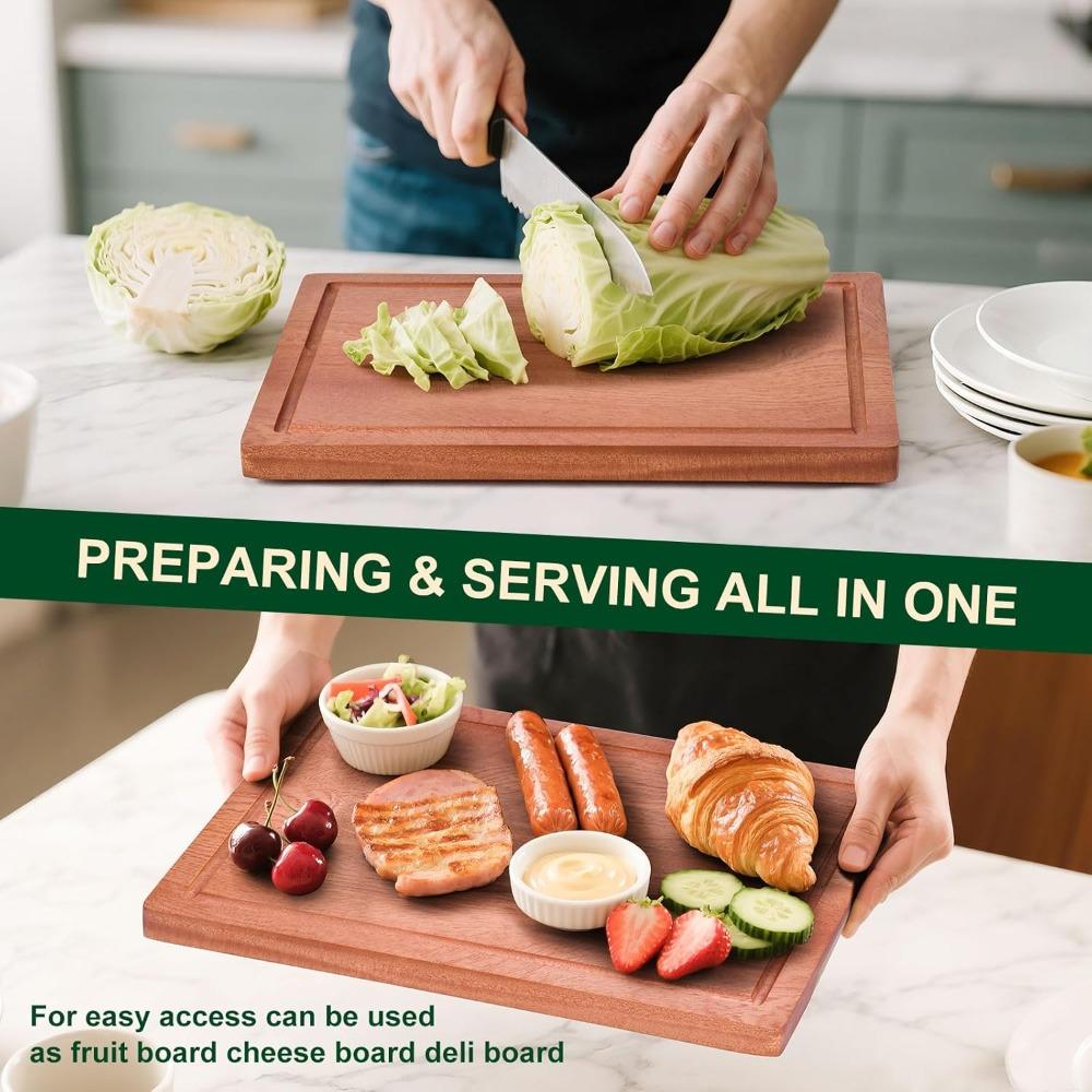 Set of 4 Non-Toxic Solid Sapele Wood Cutting Boards with Holder and Juice Grooves for Kitchen