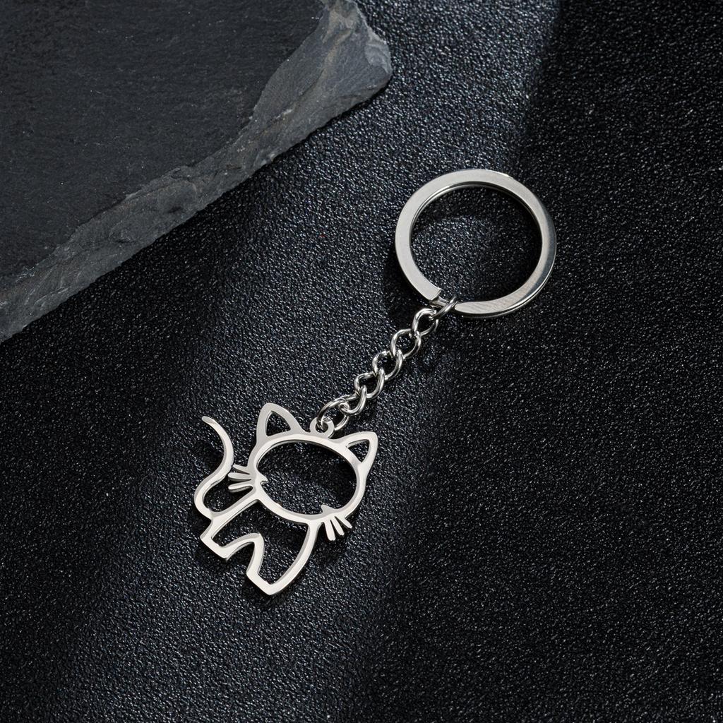 Cute Happy Kittens Keychain Stainless Steel Animal Key Chain Creative Cat Pendant for Women Car Keyring Purse Bag Accessories