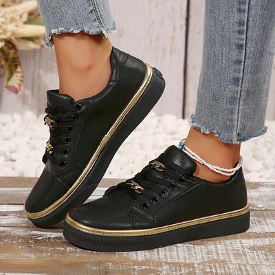 Damen-Sneakers, neue modische Kette, Leder, bequeme Plateau-Sneakers mit runder Spitze, Schnürschuhe zum Gehen, vulkanisierte Damenschuhe