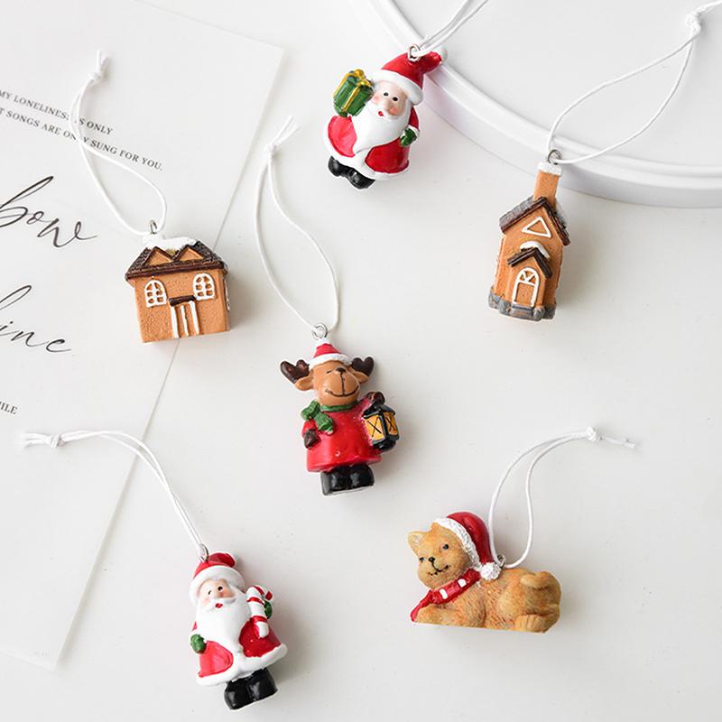 Mini Resin Christmas Tree Ornaments Set, Santa Elk Dog Cat House Pendants With Hanging Rope, 4 Pack, Classic Holiday Decor