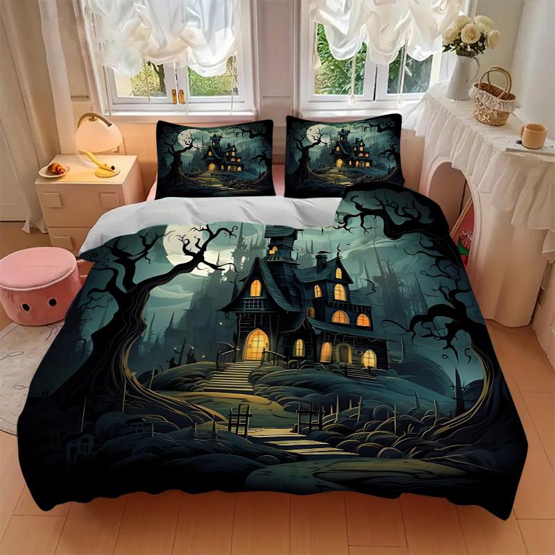3pc Haunted House Moonlit Night Cover Set - 1 Quilt Cover + 2 Pillowcases, All Seasons Bedroom Setting, Perfect for Home068