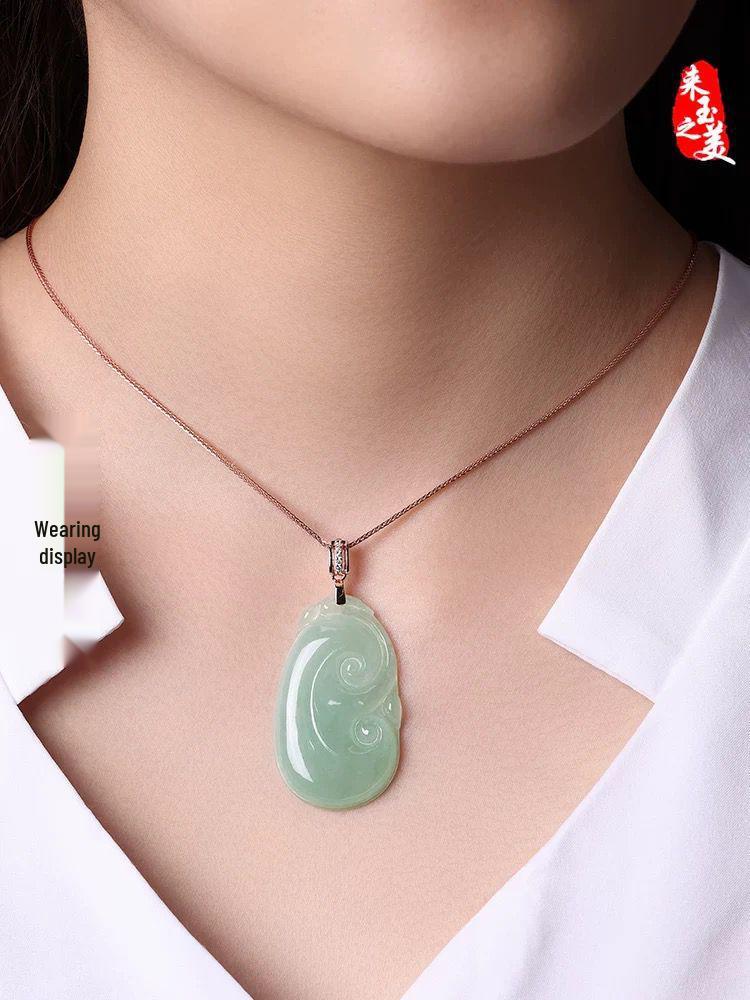 Unisex Ice Jadeite Ruyi Pendant Necklace