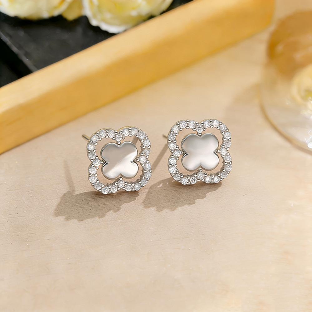 Women Fashion Hollow Four Leaf Clover Zircon Inlaid Copper Stud Earrings