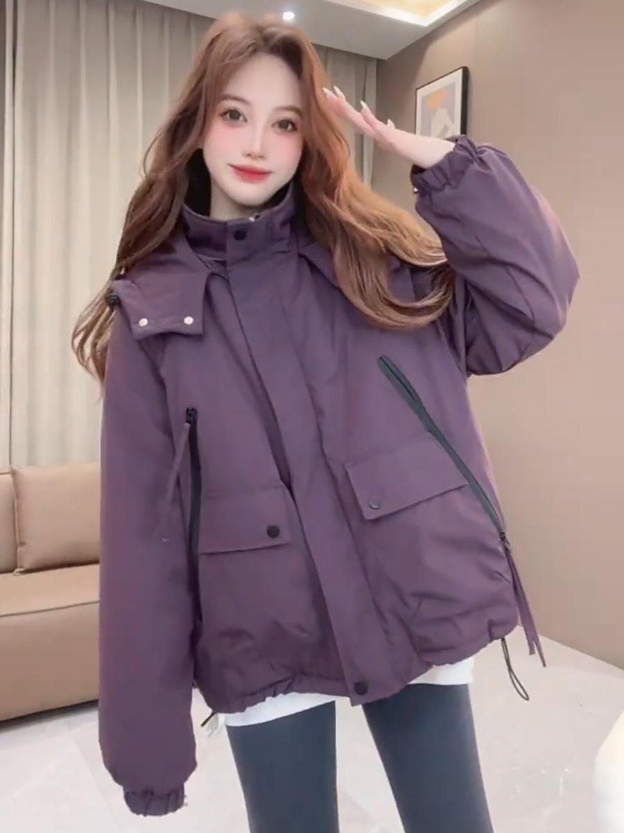 

Женская флисовая ветровка с капюшоном в корейском стиле 2024: Новая хлопковая куртка свободного кроя, стройнящая фигуру, для зимы M фиолетовый