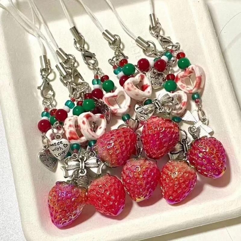 Korea Cute 3D Strawberry Cellphone Strap Chain Love Heart Pendant Keychain for Backpack Charm Dainty Bow Phone Strap Keyring