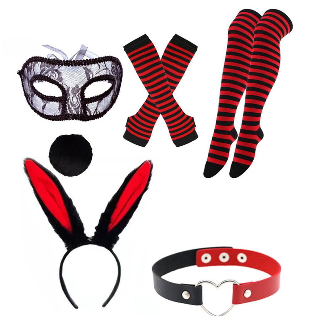 Bunnies Ears Headband,Choker,Tail Stripe Stockings Easter Bunnies Costume Accessories Halloween Cosplay Costume Women