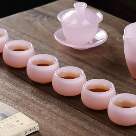Hibiscus Jade Porcelain Teacup Pink Glazed Jade Kung Fu Tea Set Chinese Retro Style Tea Cup Entertain Guests Home Tea Set Gift