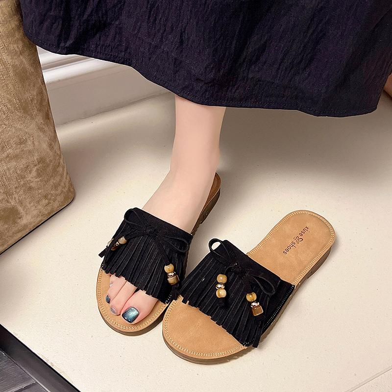 

Designer Luxury Chunky Heel Women Modern Slippers Belt Buckle Tassels Fashion Flat Heel Beach Shoes Female All Match Casual Ins 35 чёрный